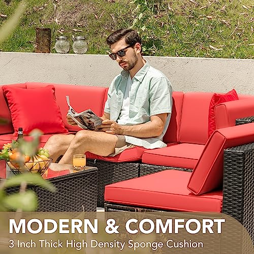 Devoko Patio Furniture Sets 6 Pieces Outdoor Sectional Rattan Sofa Manual Weaving Wicker Patio Conversation Set With Glass Table And Cushion (Red) #TOP4