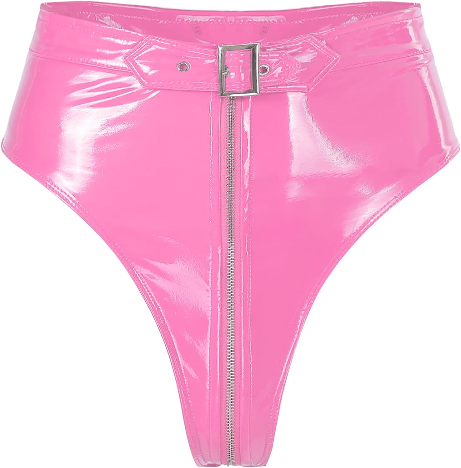 Lejafay Women's PVC Leather High Waist Thongs G Underwear Buckles Zipper Crotch Underpants