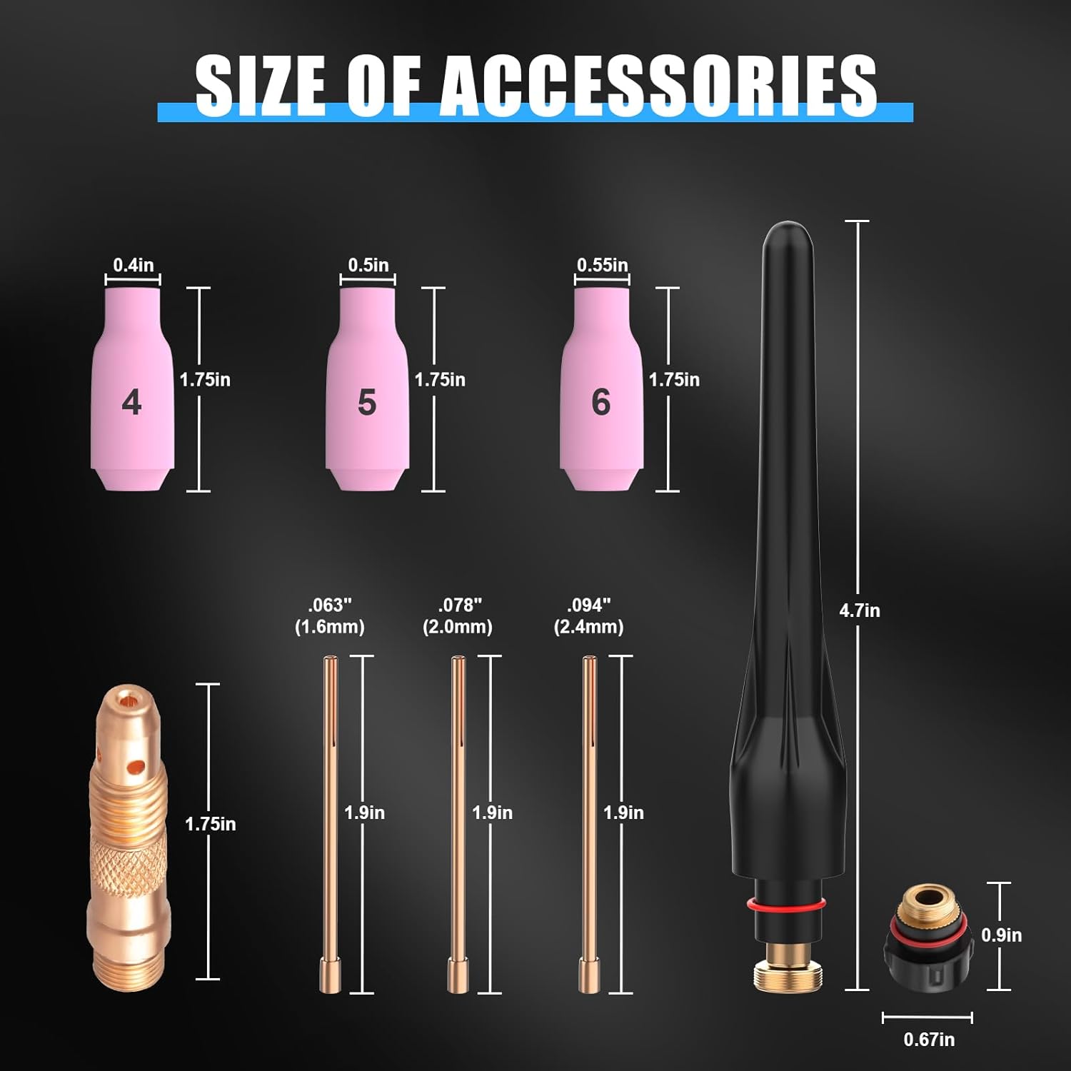 Diagram illustrating the dimensions of the WP-17V accessories: ceramic cups, collets, collet body, and back caps