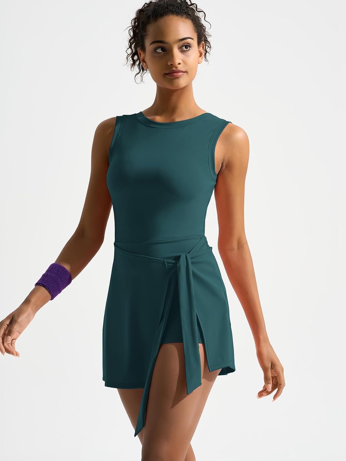  Womens High Neck Tennis Dress Sleeveless Wrap Skirt Built in Shorts Golf Athletic Dress Workout Rompers thumbnail