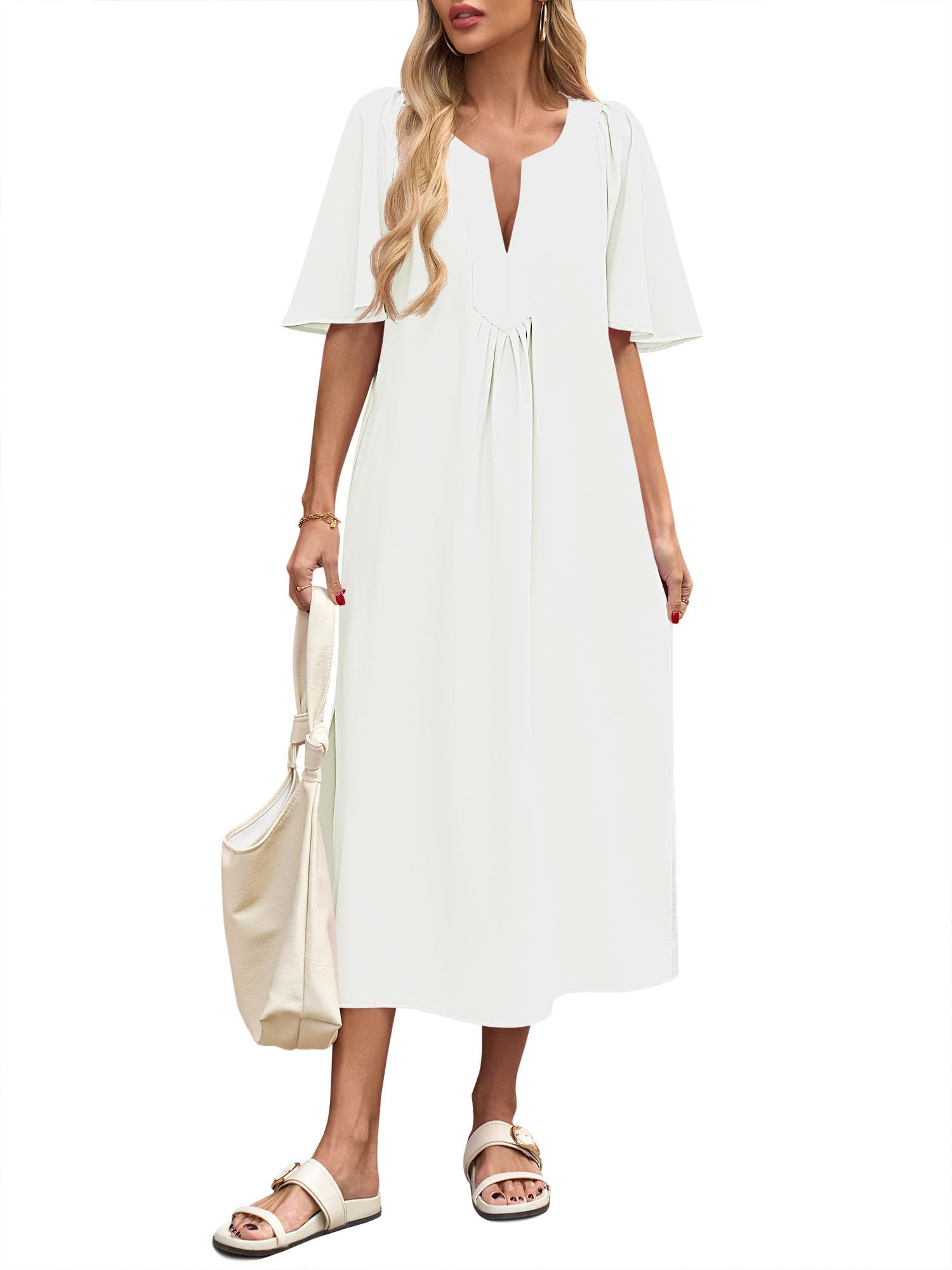 Wenrine Womens Casual Maxi Dress Short Sleeve Loose Flowy Summer Dresses