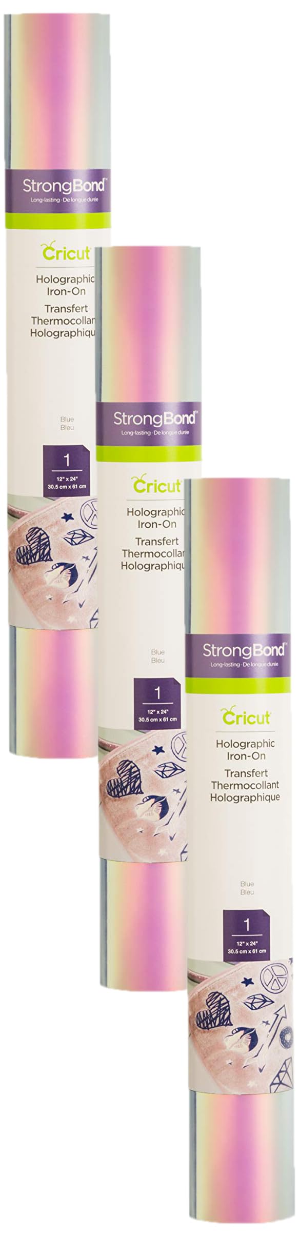 Cricut Holographic Iron On, Blue - 3-Pack of 2ft Rolls (12"x24") - HTV Heat Transfer Vinyl for Shirts, Apparel, Hats & More - Compatible with Cricut EasyPress & Machines