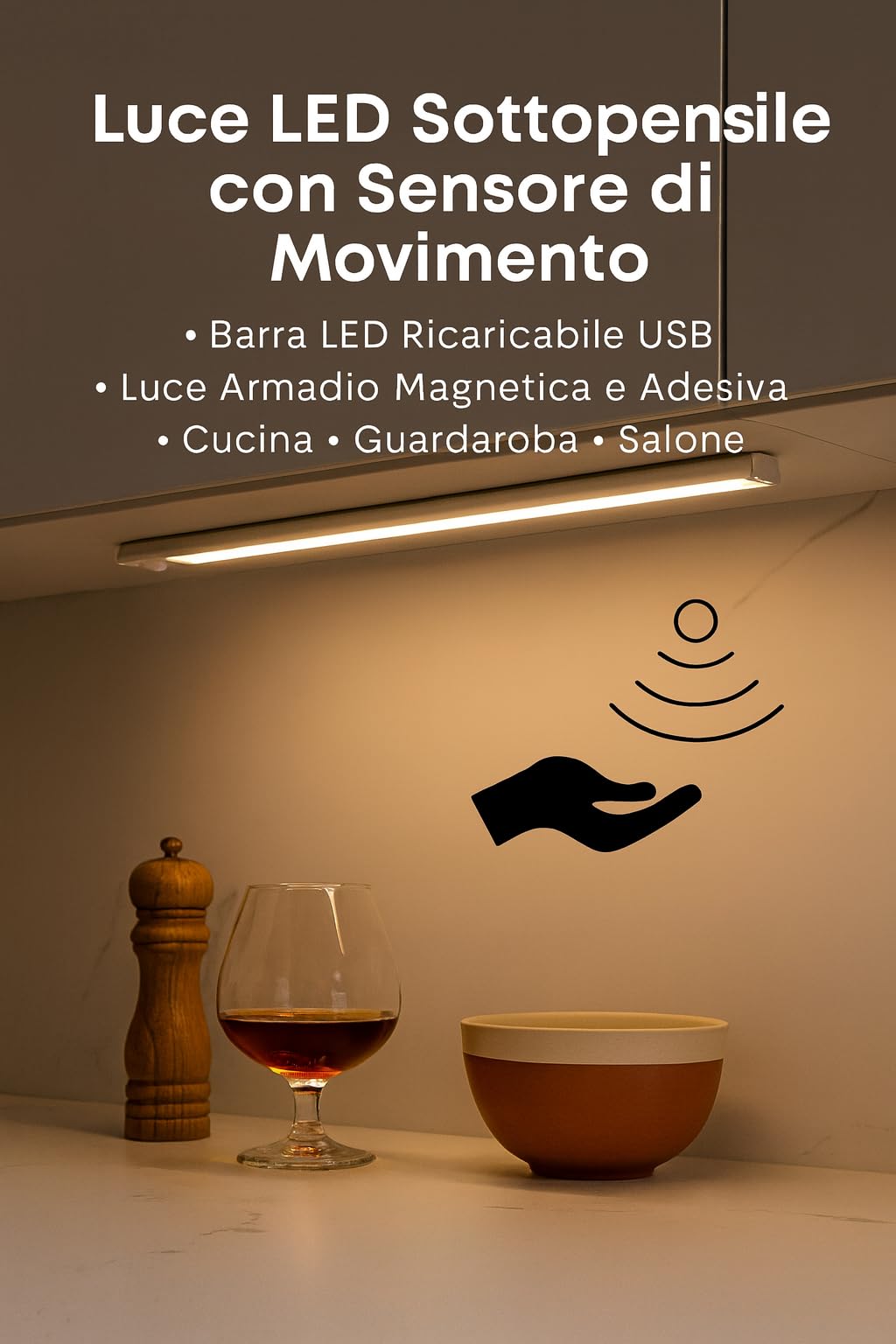 Luce LED Sottopensile 50 cm con Sensore di Movimento, Barra LED Ricaricabile USB 1,35W, Magnetica e Adesiva per Cucina Armadio Guardaroba