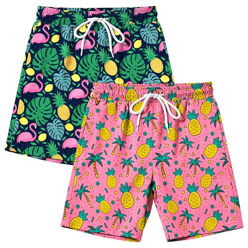 AlisOker 2 Pack Toddler Boys Swim Trunks UPF 50+ Swim Shorts with Mesh Liner Boy Stretch Suit Swimsuit