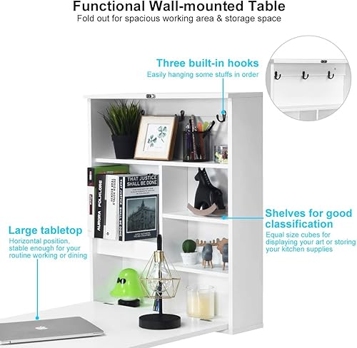 Miniatura 5 de GRAFFY - Escritorio plegable para montar en la pared, escritorio flotante con pizarra, mesa multifunción para montar en la pared con estantes de
