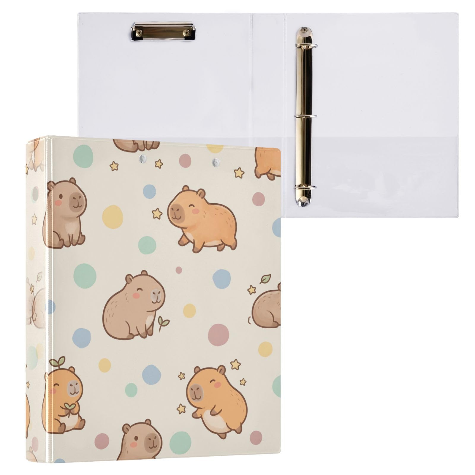 Raccoglitore a 3 anelli con motivo a pois Capybara, 3,8 cm, anelli rotondi, contiene 200 fogli, 3 raccoglitori ad anelli con clip in metallo antiscivolo