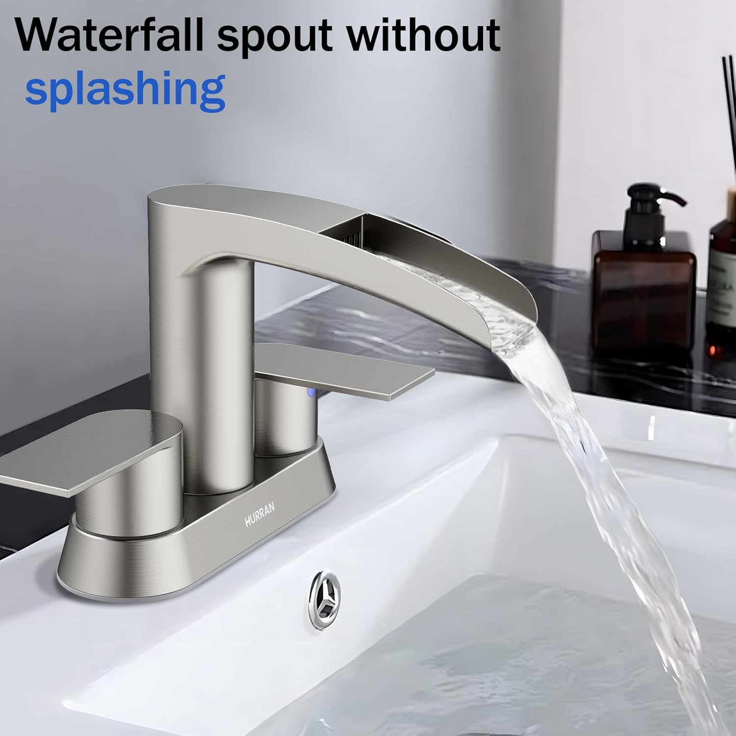 Bathroom Sink Faucet for 3 Hole, Hurran 4 Inch Bathroom Faucets with Pop-up Drain, Stainless Steel 2-Handle Waterfall Faucet for Sink, Brushed Nickel - Image 4