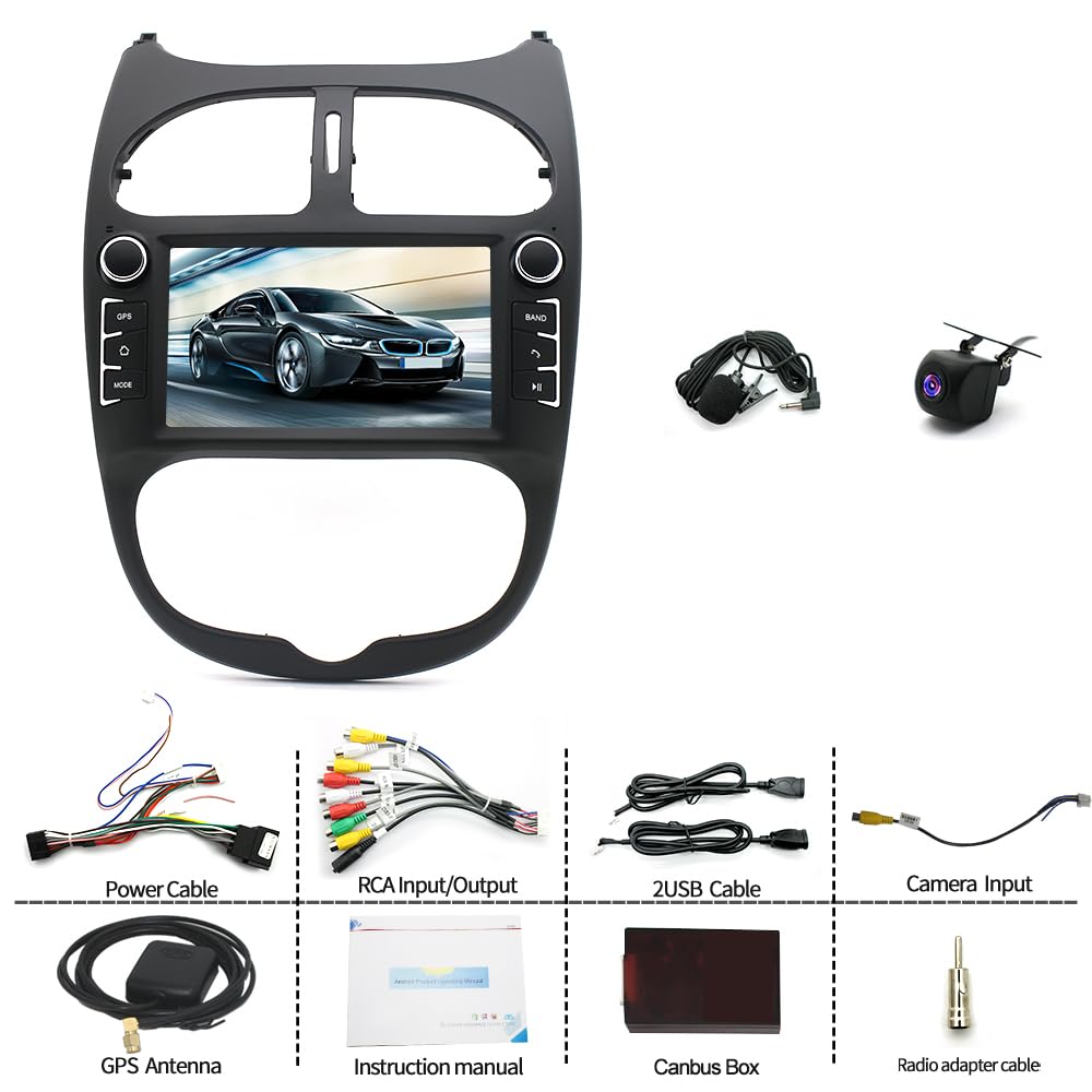 2+64G Android 14 Radio samochodowe 2 DIN do Peugeot 206 206CC 206SW 2000-2008, 7 cali Radio with Navi Bluetooth Autoradio with Wireless Carplay GPS Navi Kamera cofania Mirror Link GPS WiFi FM RDS