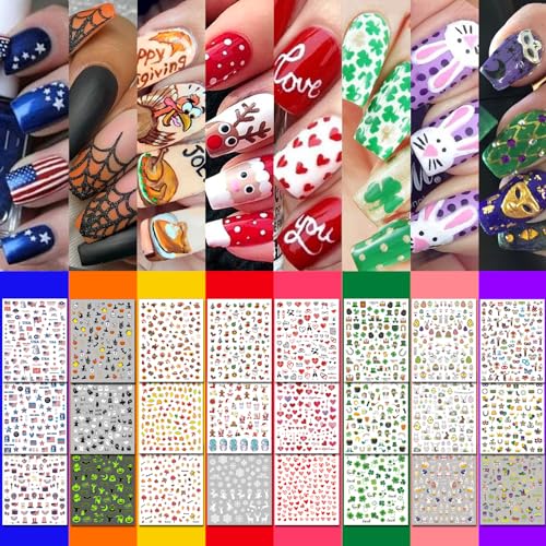 IDDFEVE 30 Sheets 8 Holiday Nail Art Stickers Variety Pack All Season Nail Decals for All Year Self-Adhesive Pegatinas Uas 4th of July Halloween Fall Christmas Valentine St. Patricks