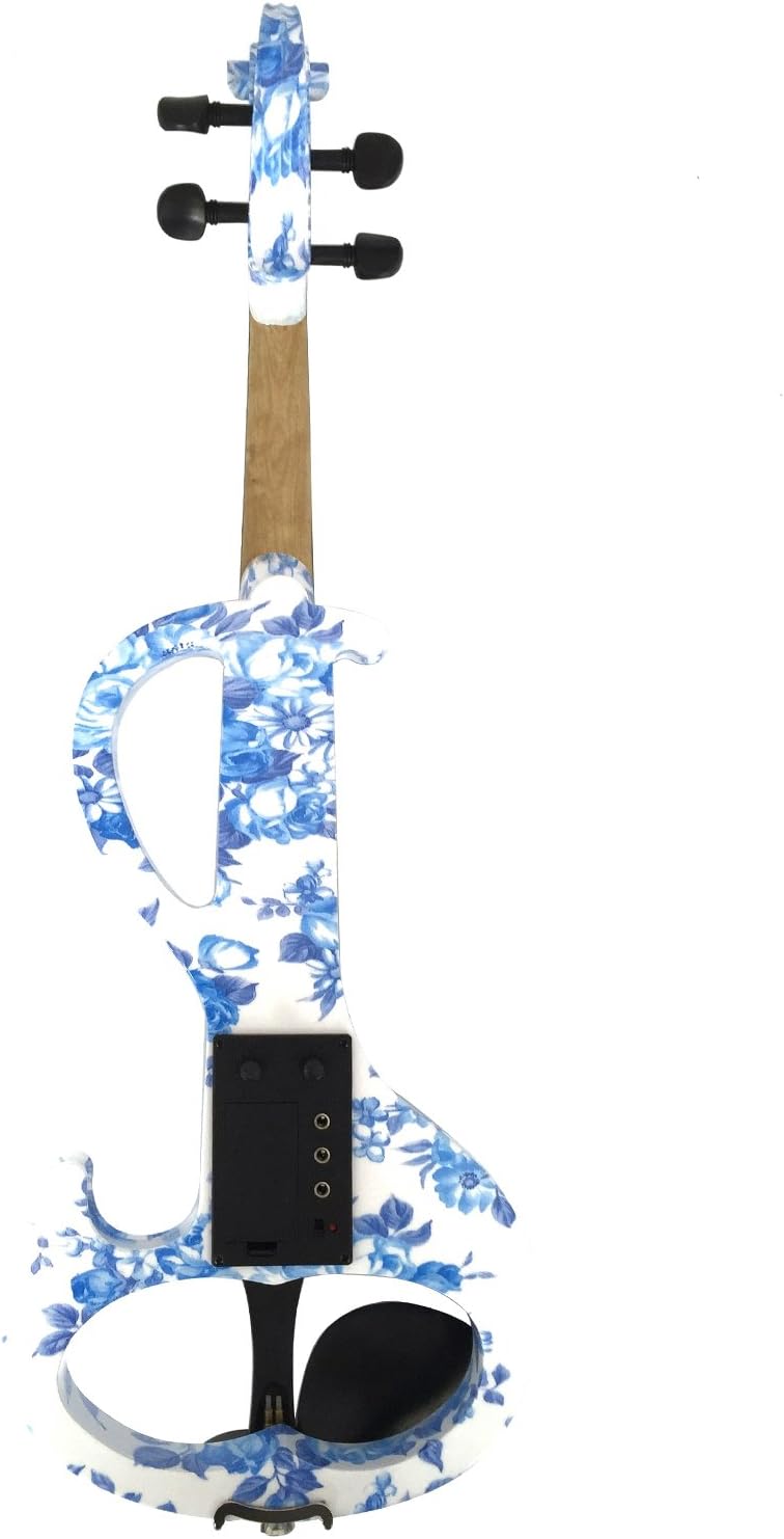 Aliyes Wood Electric Violin Full Size 4/4 Intermediate-A Electric Silent White&Blue Flowers Violin Kit With Case,Bow,Rosin,headphones,Shoulder Rest,Strings(ALDSZA-1201)