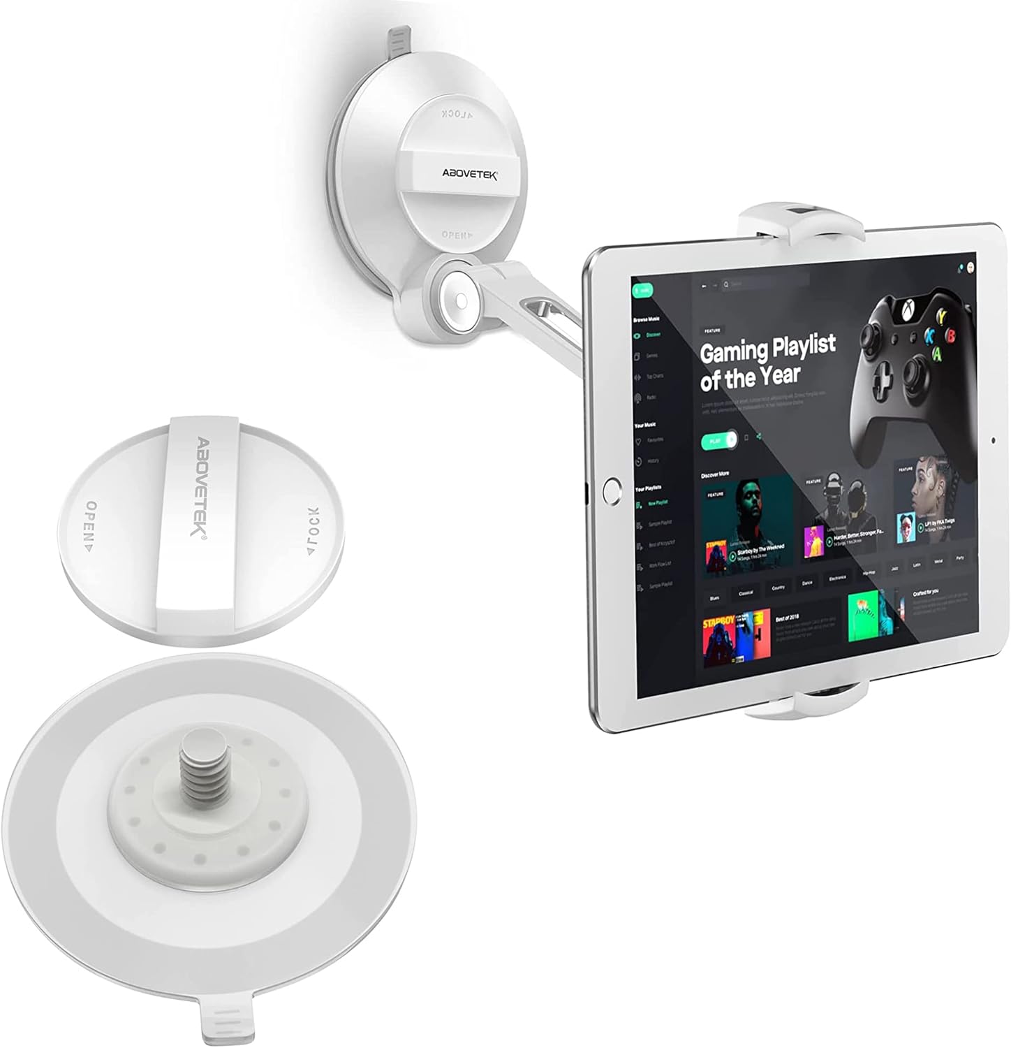 AboveTEK Phone Tablet Stand Holder with Suction Cup Fits 4-11”, Large Sticky Pad Tablet Mount on Kitchen Desk Office Window Bathroom Mirror Car Truck Windshield, for iPhone, iPad mini Air Pro(White)