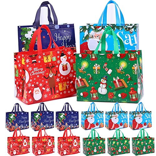 Weihnachts-Geschenktüten, große Weihnachts-Tragetaschen mit Griff, Vlies, Weihnachtstüten für Weihnachtsgeschenke, Verpackung, Rot, Grün, Blau und Violett, 32 x 24 x 17 cm, 12 Stück Cover