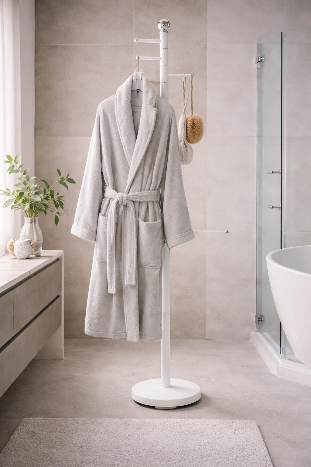Piantana Porta Accappatoio in Acciaio Cromato e Bianco – 6 Bracci alta 177 cm