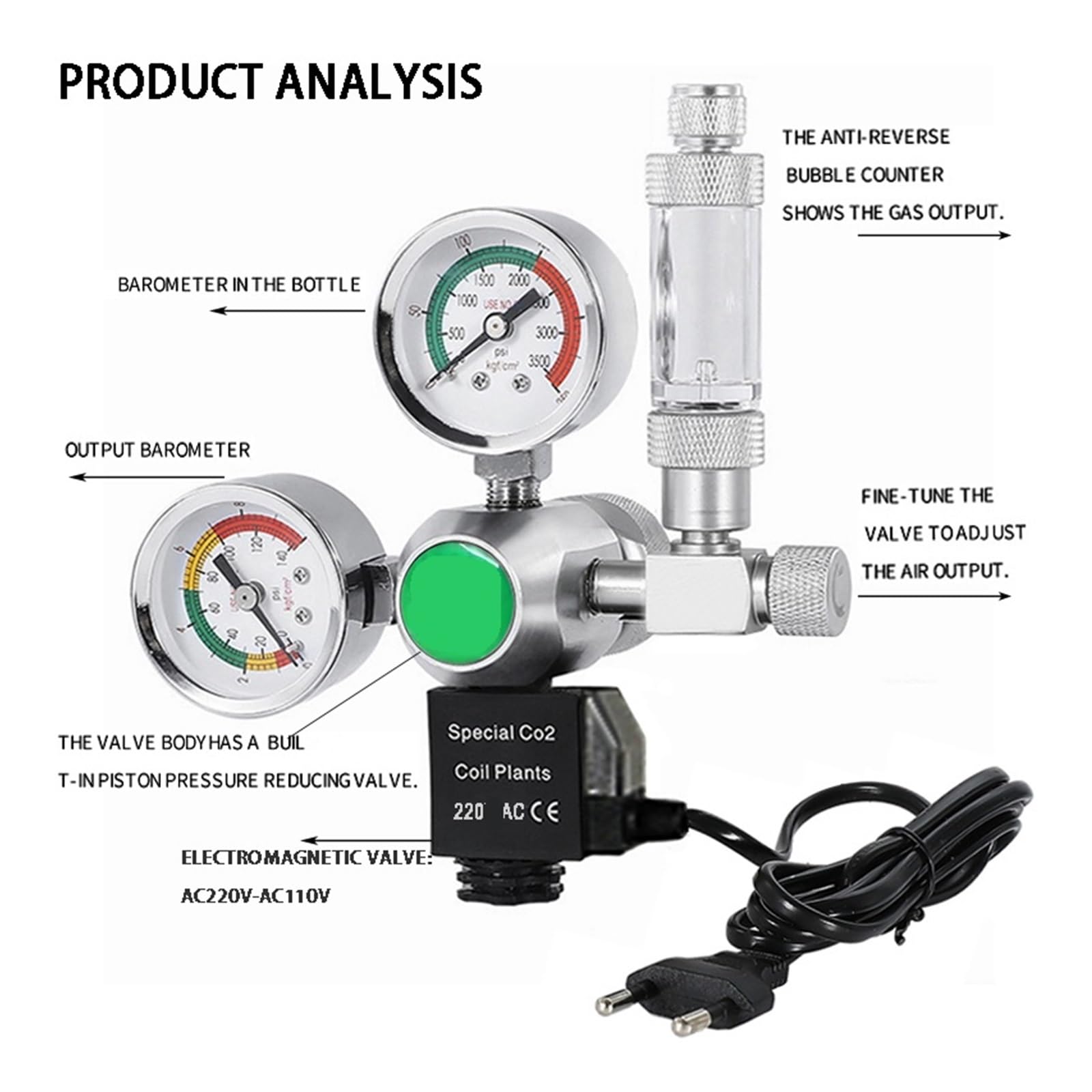 Régulateur de CO2 for Aquarium, Compteur de Bulles à solénoïde, système de contrôle de CO2, réaction étanche for Aquarium, Valve de réduction de CO2(TR21)