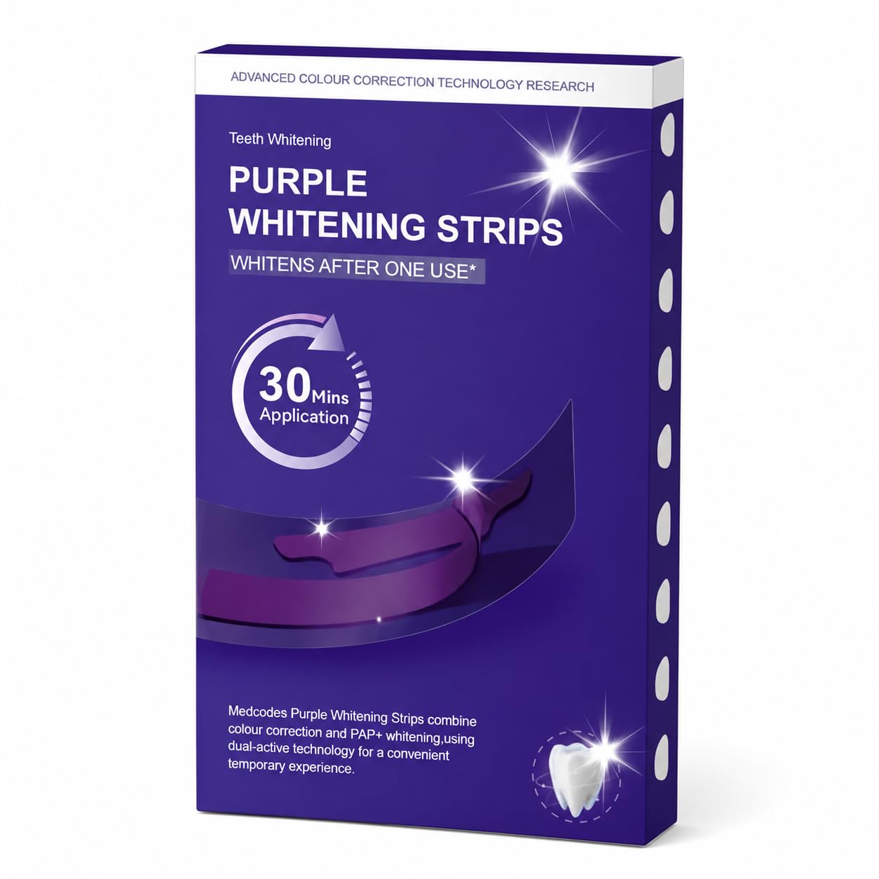 medcodes purple whitening strips, whitens after one use | pap+ formula, 30 mins application, colour correction, enamel-safe, fresh & clean feel