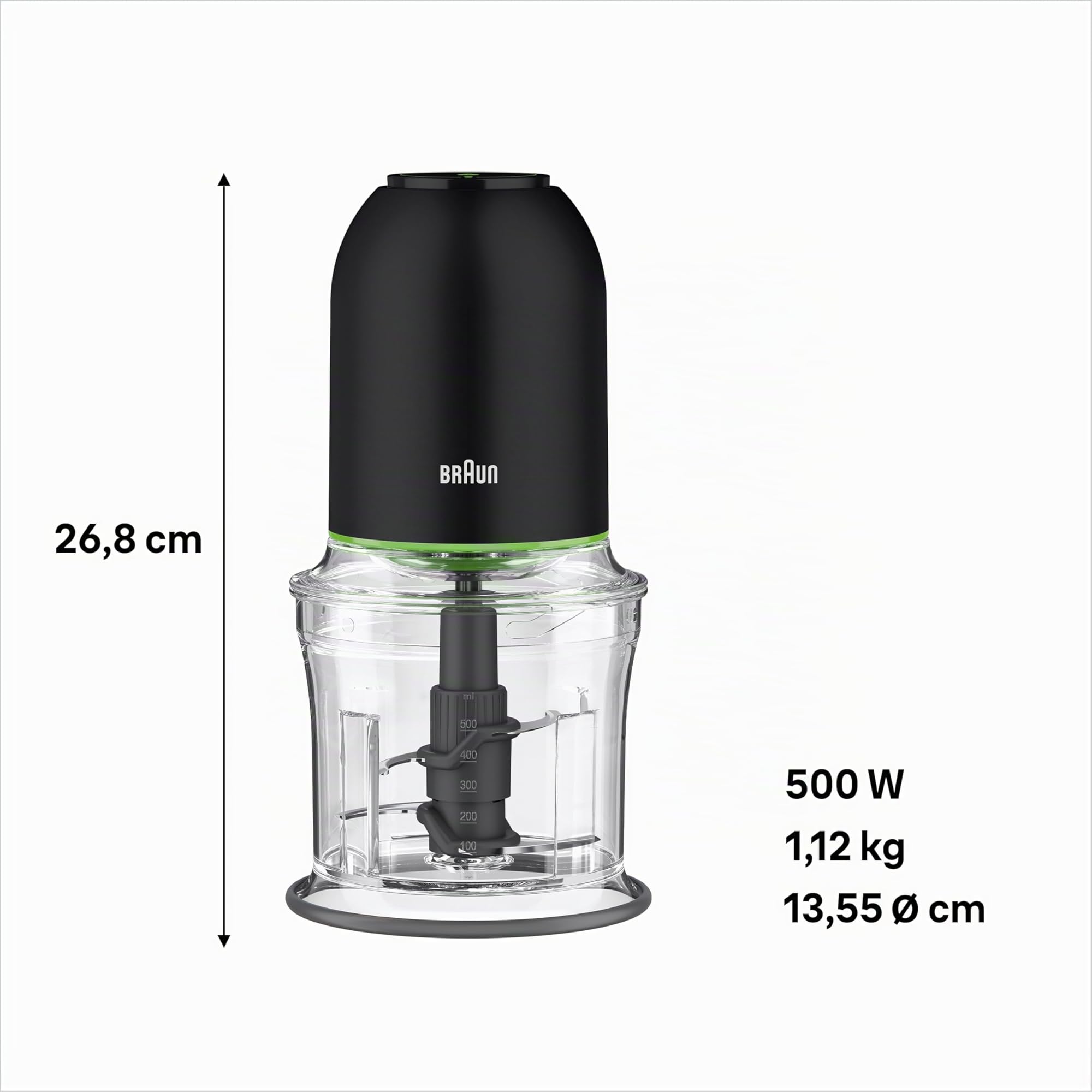 Braun MultiPractic 3 CH3011BK, Tritatutto a Quattro Lame in Acciaio Inox, Due Velocità, Funzione One Push, Tritaghiaccio, Capacità 500ml, Lavabile in Lavastoviglie, 500W, Nero