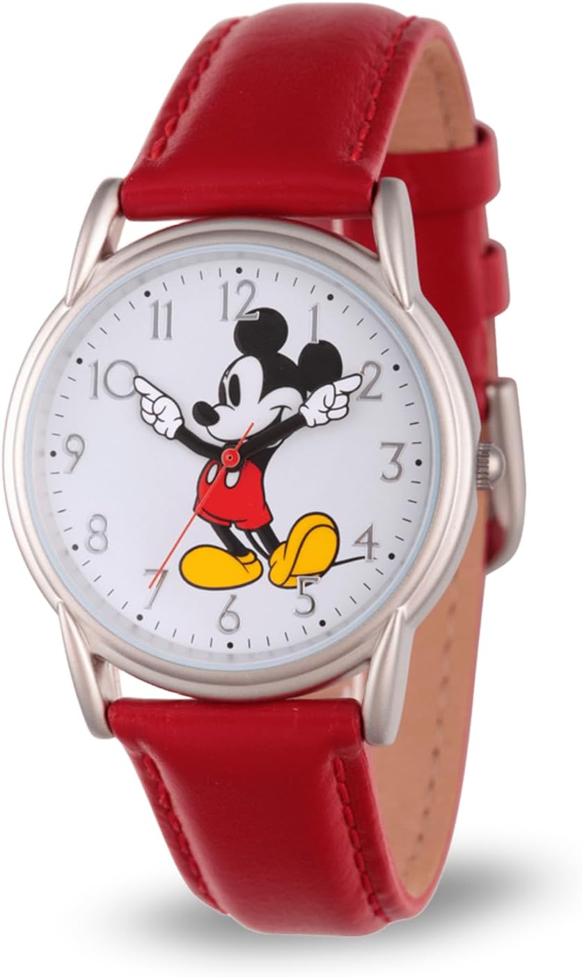 Disney Mickey Watch - Watch for Women - Mickey Mouse Watches for Women Toys - 90s Mouse - Vintage - Articulating Hands - Gold Case - Brown Leather Strap