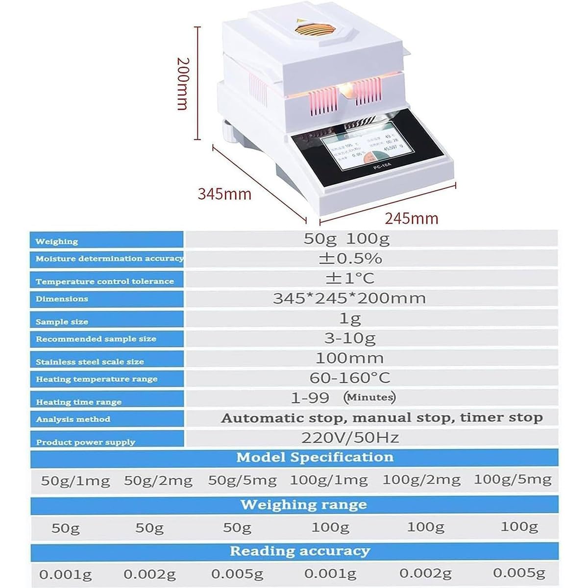 Laboratoryjny tester wagosuszarki halogenowej do surowców chemicznych, zboża, minerałów, produktów biologicznych, żywności, surowców farmaceutycznych, papieru,50g/2mg
