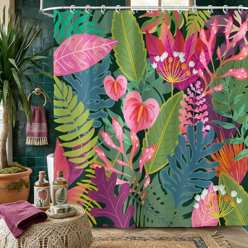 Boho Tropical Floral Shower Curtain, Green and Pink Colorful Botanical Leaf Nature...