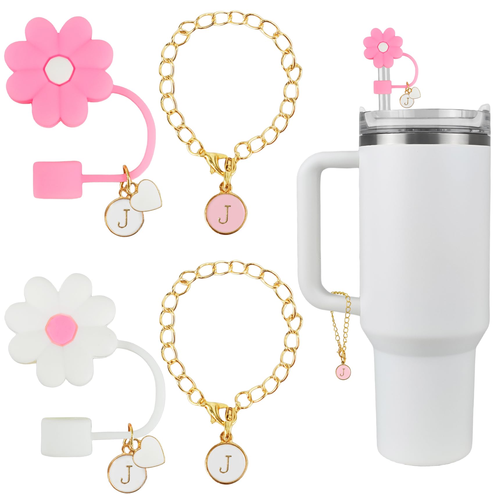 Aganmi Silicone Straw Covers (2pcs) & Letter Charms (2pcs) Kit for Stanley 30&40 Oz Tumblers, Reusable, 10mm, Pink and White-J