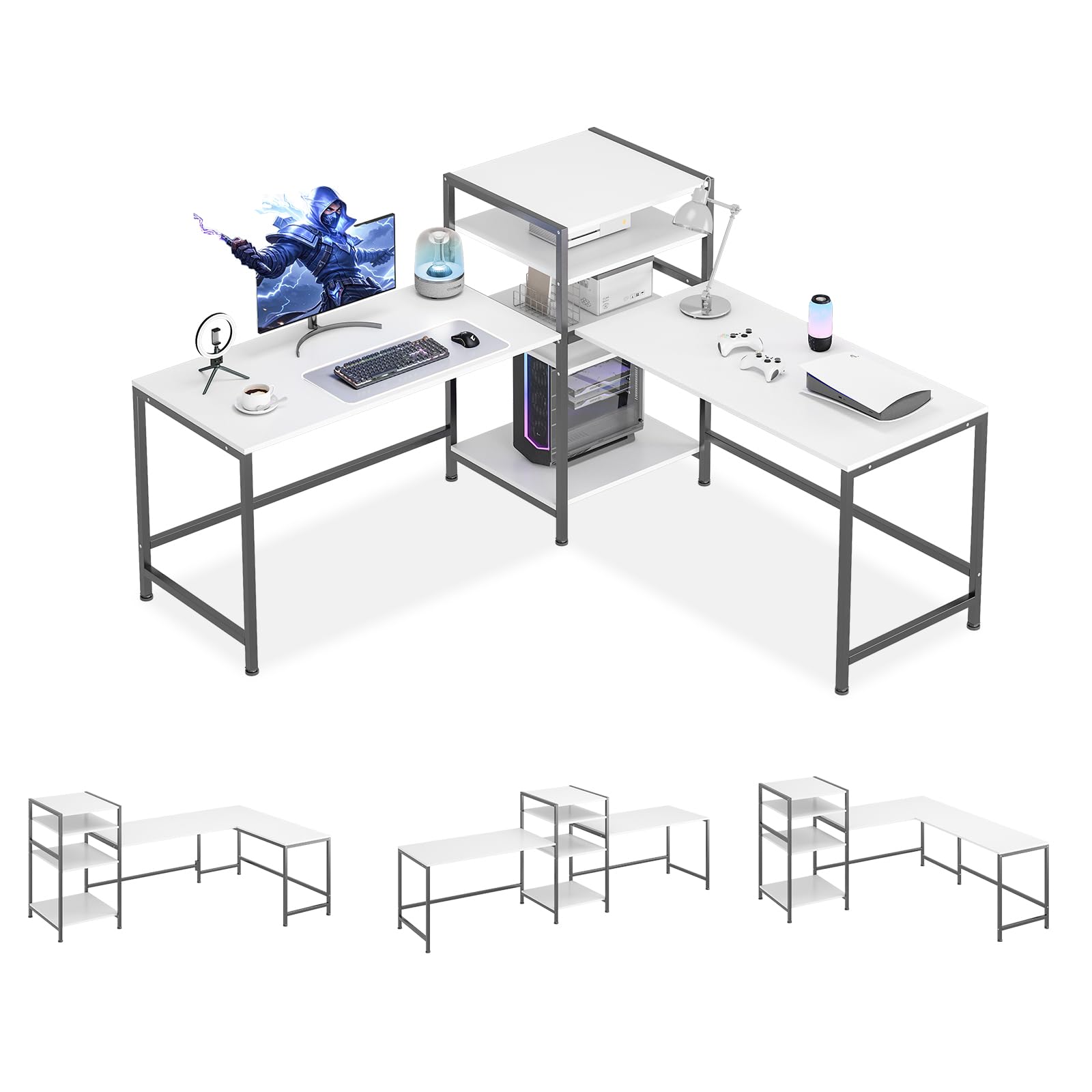 Jantens White Computer Desk with Bookshelf, L-shape Corner Office Desk for Home Office Student Study,Long Work Station Suit for 2 People, Writing Gaming Table for Home Office