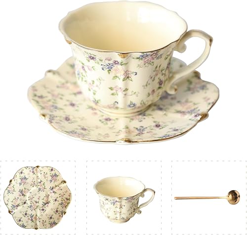 Juego de taza de té y platillo de porcelana floral vintage con cuchara, borde dorado, 6.4 onzas, juego de 1, beige, tazas de té, espresso y café (1,
