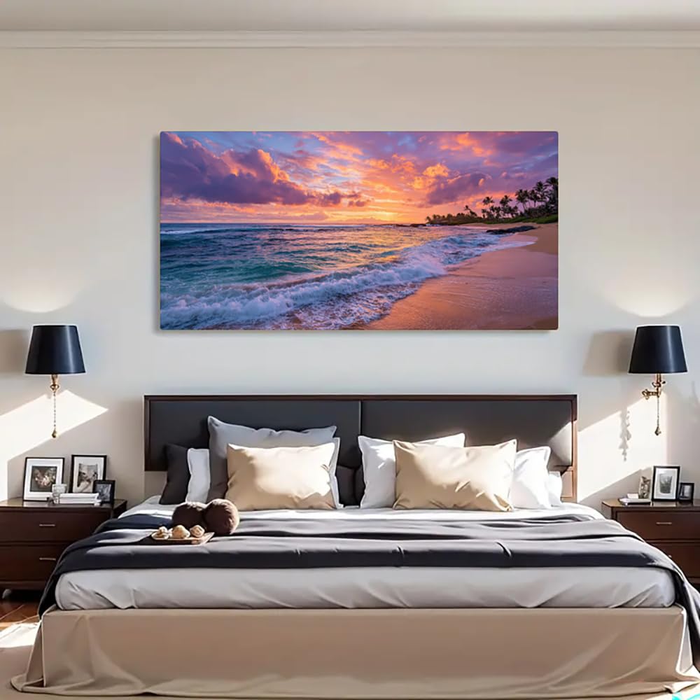 AEFOUU Tropical Sunset Wall Art Prints Palm Trees and Ocean Waves Canvas Painting Pictures Modern Home Decor for Living Room(30x60cm/12x24in/Internal Frame)