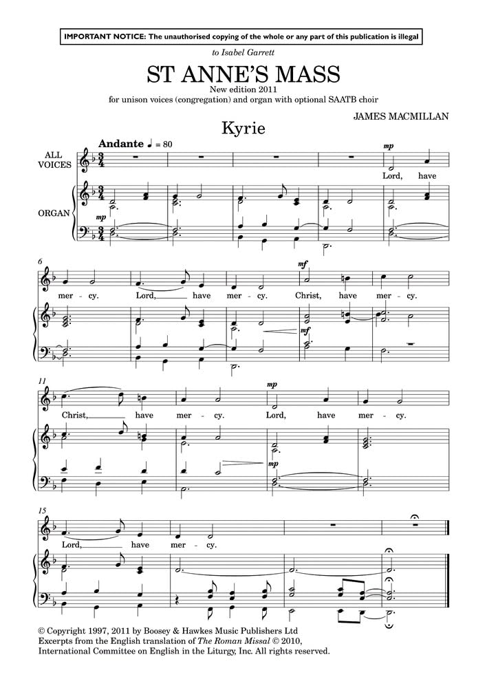 St. Anne's Mass: New edition 2011. cantor, unison choir (congregation) and organ, mixed choir (SAATB) ad libitum. Partition de chœur.