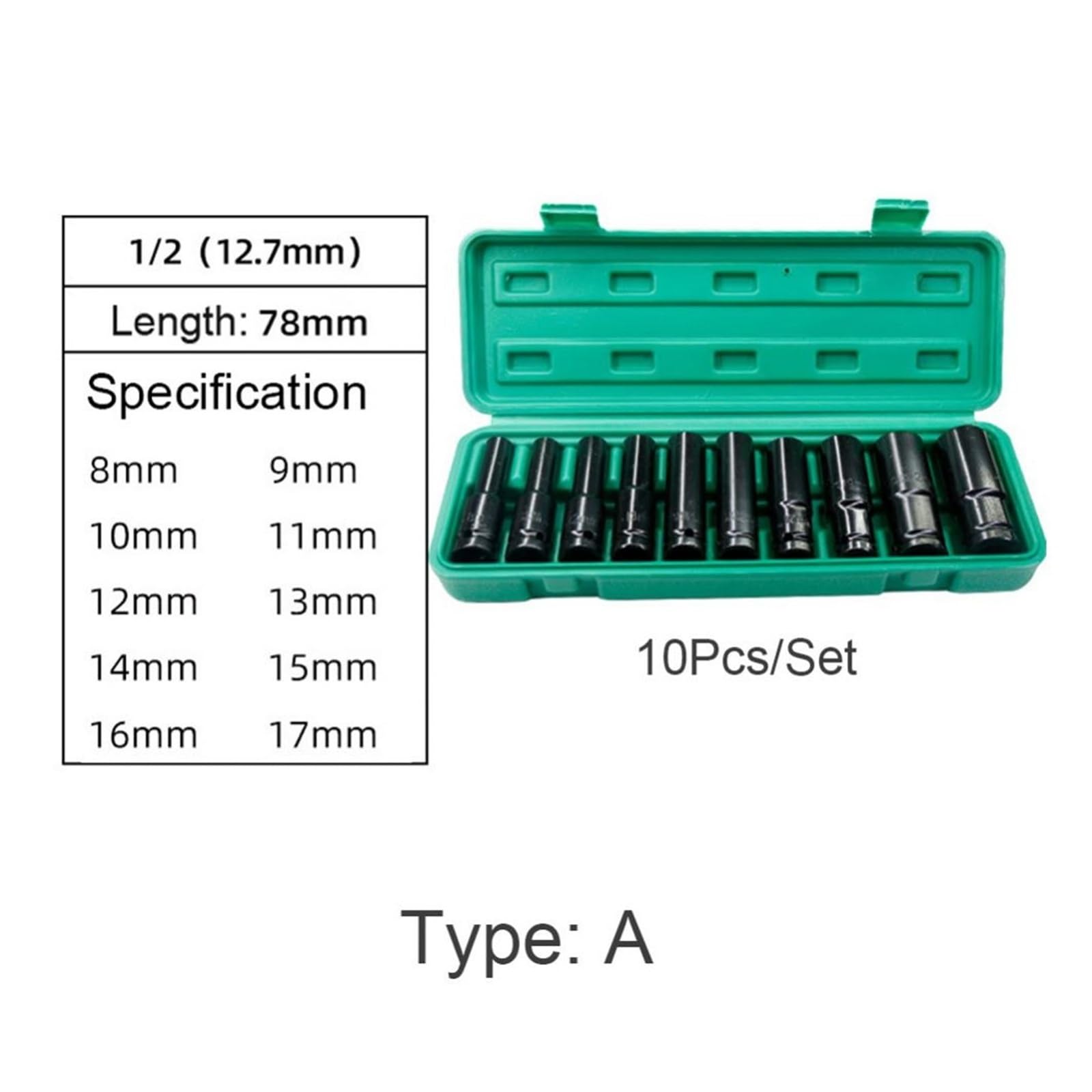 10 Uds 1/2 pulgadas 6 puntos juego de cabeza de vaso de impacto 10-24mm manga de extensión enchufes hexagonales hexagonales for llave eléctrica herramienta de mano taladro Socket Sockets(Ty