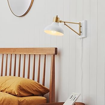 Globe Electric Swing Arm Wall Sconce - Plug-in Or Hardwire White Wall Light With Brass