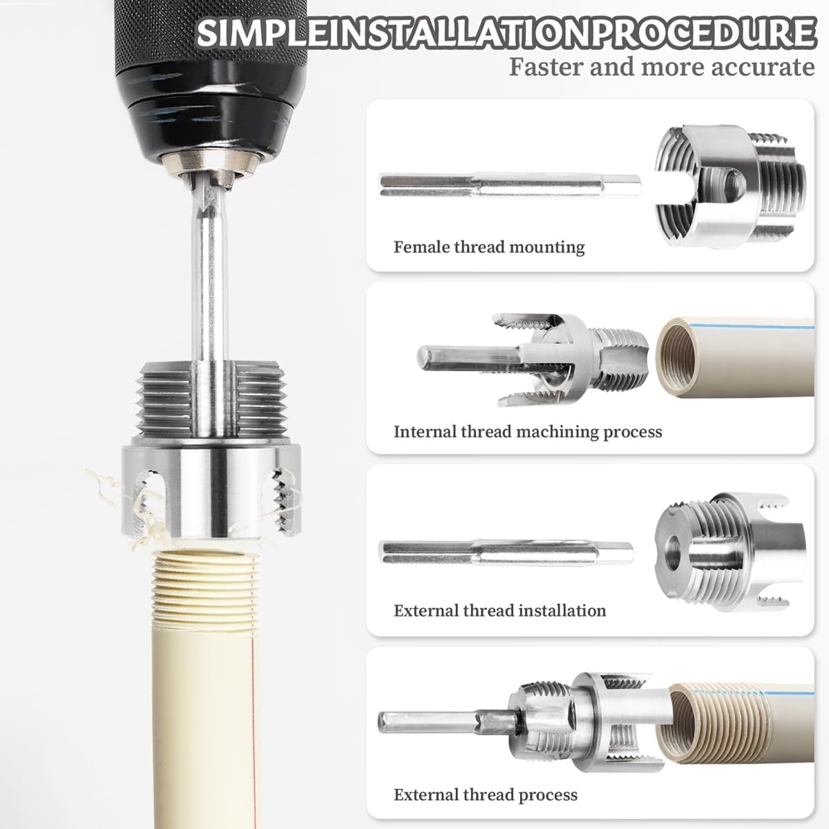 3 PCS Integrated PVC Pipe Threading Tool, Premium Carbon Steel Dual-Function Internal & External Pipe Threader for 1/2", 3/4", 1" Sizes PVC Pipes Suit for All Electric Drills (1/2"+3/4"+1")