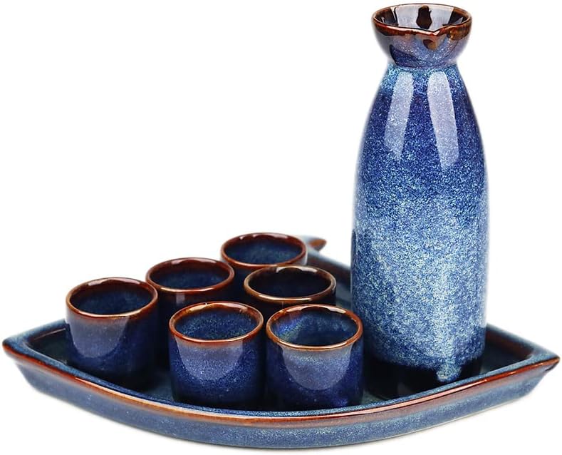 Luxury Handmade Yellow Brocade Porcelain Sake Set - Handmade Japanese Traditional Sake Set 6 cups (Blue ocean waves)