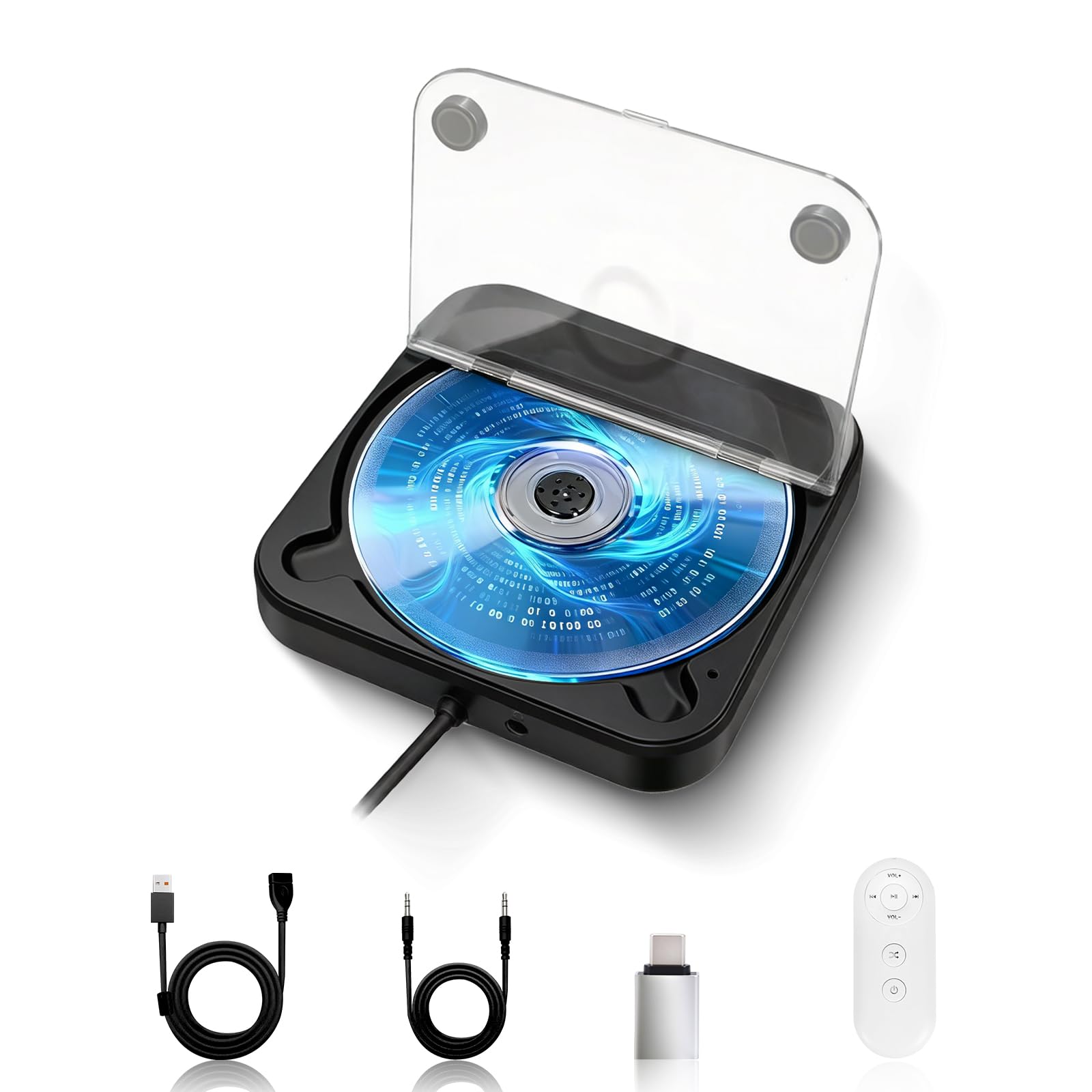 Lettore CD per auto con silicone anti-shock, porta USB, cavo prolunga, nero