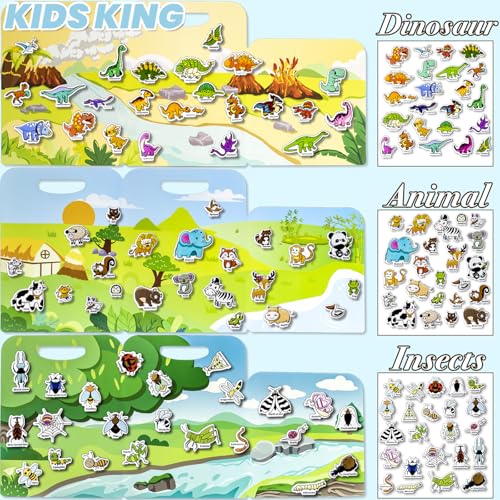 Image of Reusable Sticker Books for Toddlers 1-3, Puffy Stickers Book for Kids Ages 2-4, Toddler Travel Essential Activities Toys for Boy Girl Birthday Christmas - Dinosaur, Animal and Insect (3 Set)