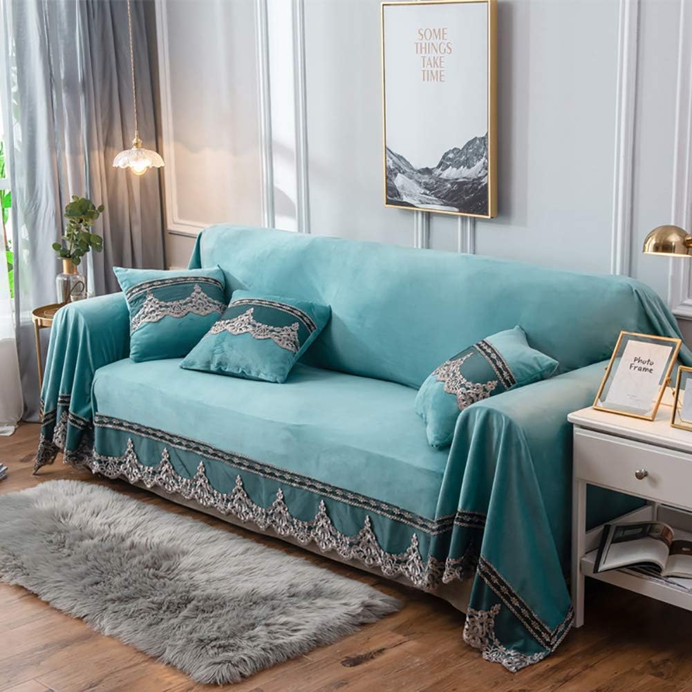 JYPHM Plush Couch Cover Vintage lace Suede Sofa Slipcover Anti-Slip Solid Color Sofa Cover Anti-Dust Stain-Proof Furniture Protector for Pet Dog & Kids 4 Seaters Lake Blue 200x350cm(79x138inch)
