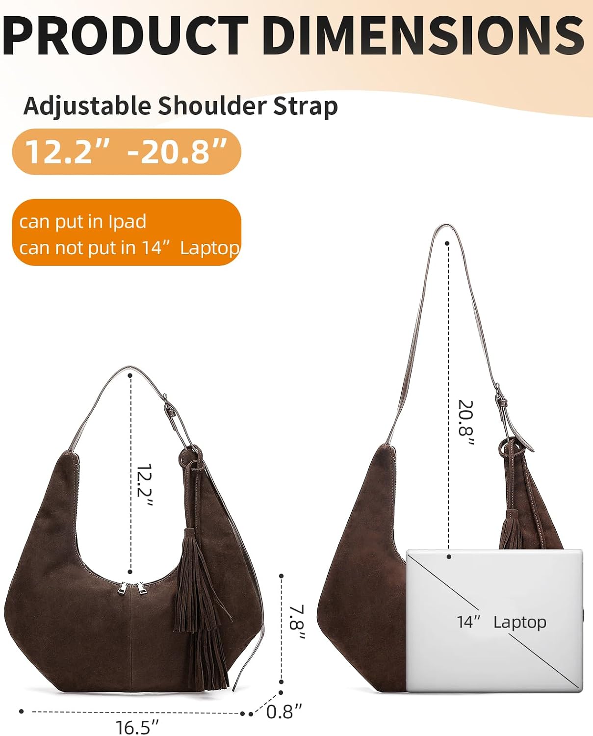 Herald Tassel Suede Hobo Shoulder Bag for Women, Retro Slouchy Crescent Crossbody Purse Handbag with Adjustable Strap