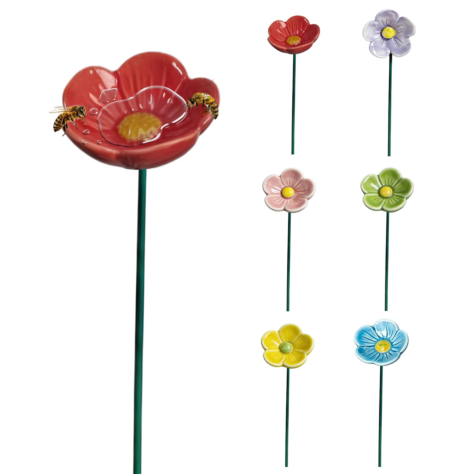 Ceramic Garden Bee Feeder with Ground Stake – Outdoor Bee Bath & Water Dish, Artificial Flower Decor for Bee Friendly Yard, Pollinator Garden Gift, Handmade Bugs Waterer