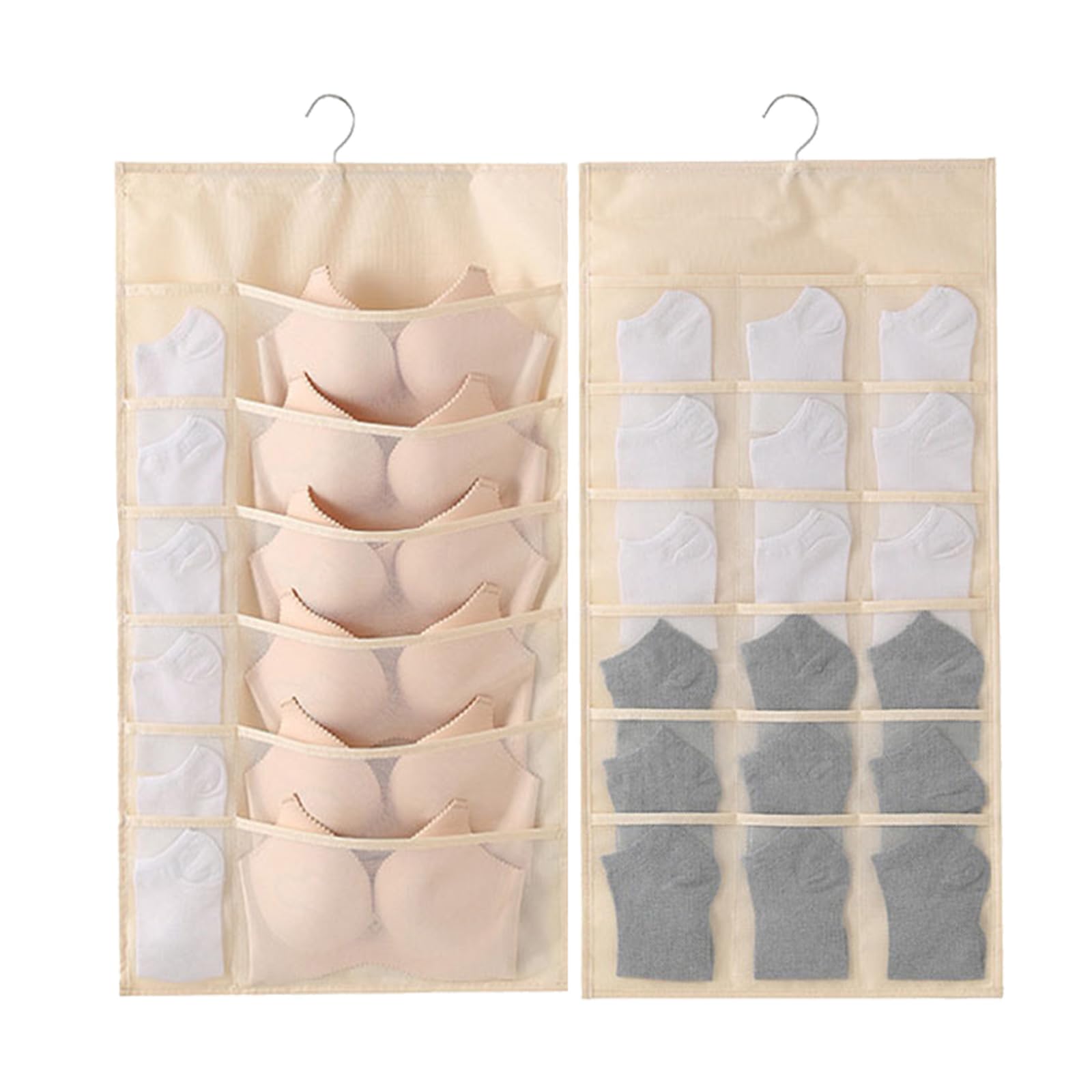 ACQTULOU Bra and Underwear Hanging Storage Organizer, Wall Shelves Space Saver Bag, Dual Sided Wardrobe Closet for Hanging Storage Bag for Underpants, Lingerie, Socks (12+18 Pockets, beige02)