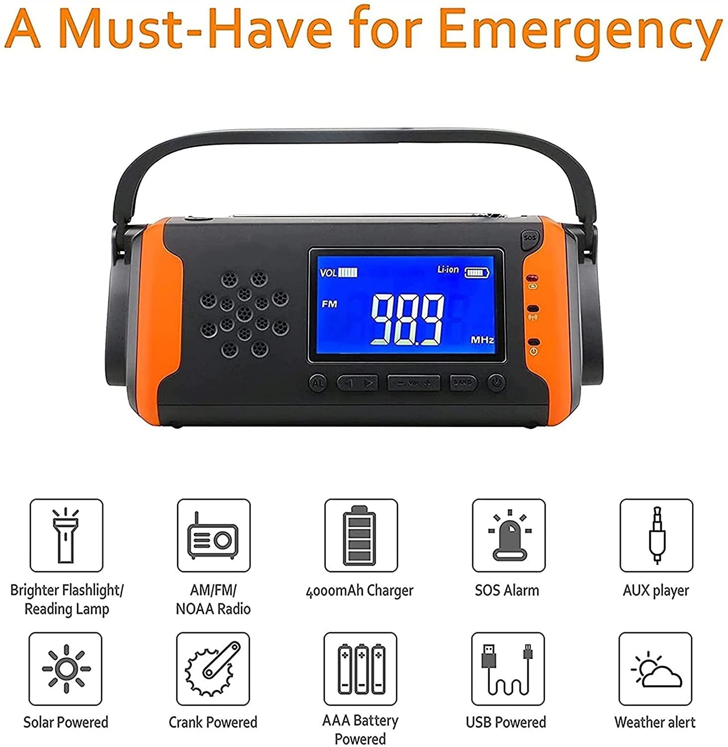 Radio à manivelle d'urgence, Radio Solaire Portable FM AM NOAA 4000mAh, Lampe de Poche LED, Alarme SOS (Color : Orange)