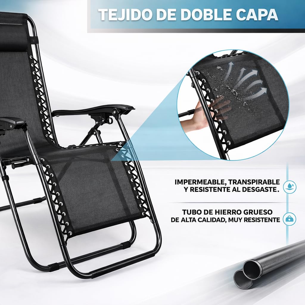 Pack 2 Tumbonas o Sillas de Exterior Plegables para jardín | Playa | Piscina o Terraza | Hamacas Reclinables Camping con Portavasos y Reposacabezas | Hasta 150kg | Silla plegable playa o Tumbona — view 7