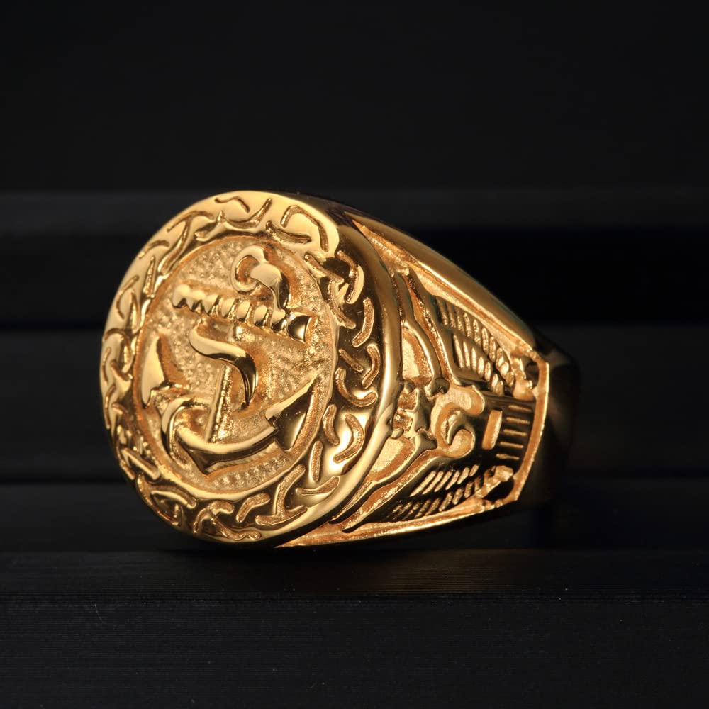 MęSki Sygnet Z Kotwicą, Gotycki Vintage żEglarski Orzeł Ze Stali Nierdzewnej,Gold,11