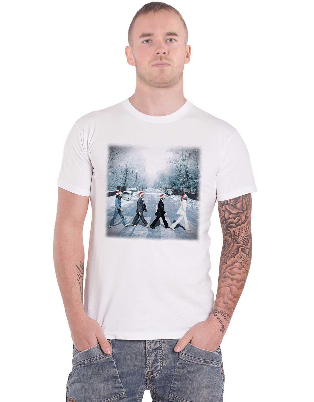 The Beatles Men's White T Shirt Abbey Christmas Band Logo Official Medium