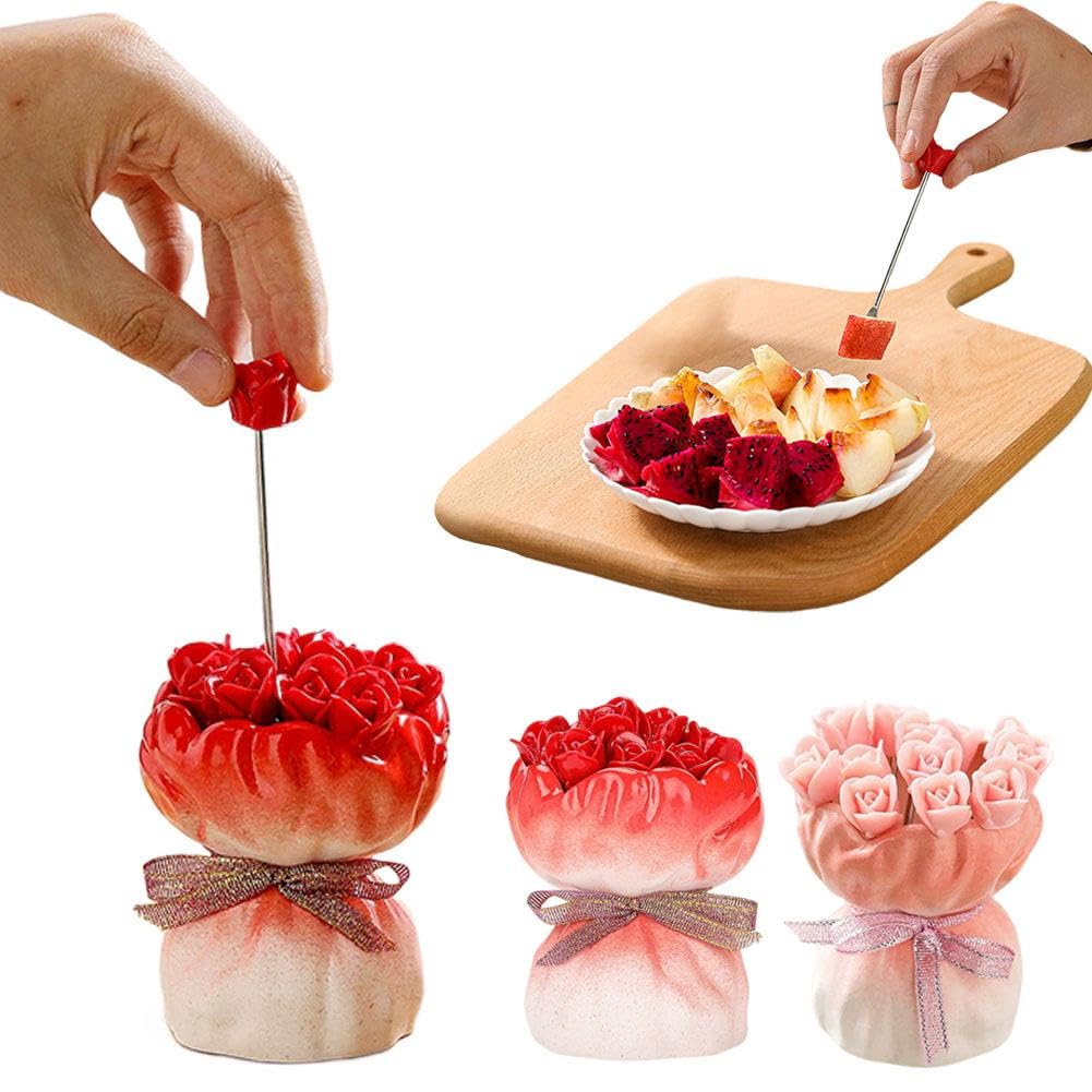 Juego de tenedores de frutas, 12 tenedores de postre de acero inoxidable en forma de rosa con elegante jarrón de almacenamiento de cerámica, tenedores novedosos para cocina, fiesta, comedor