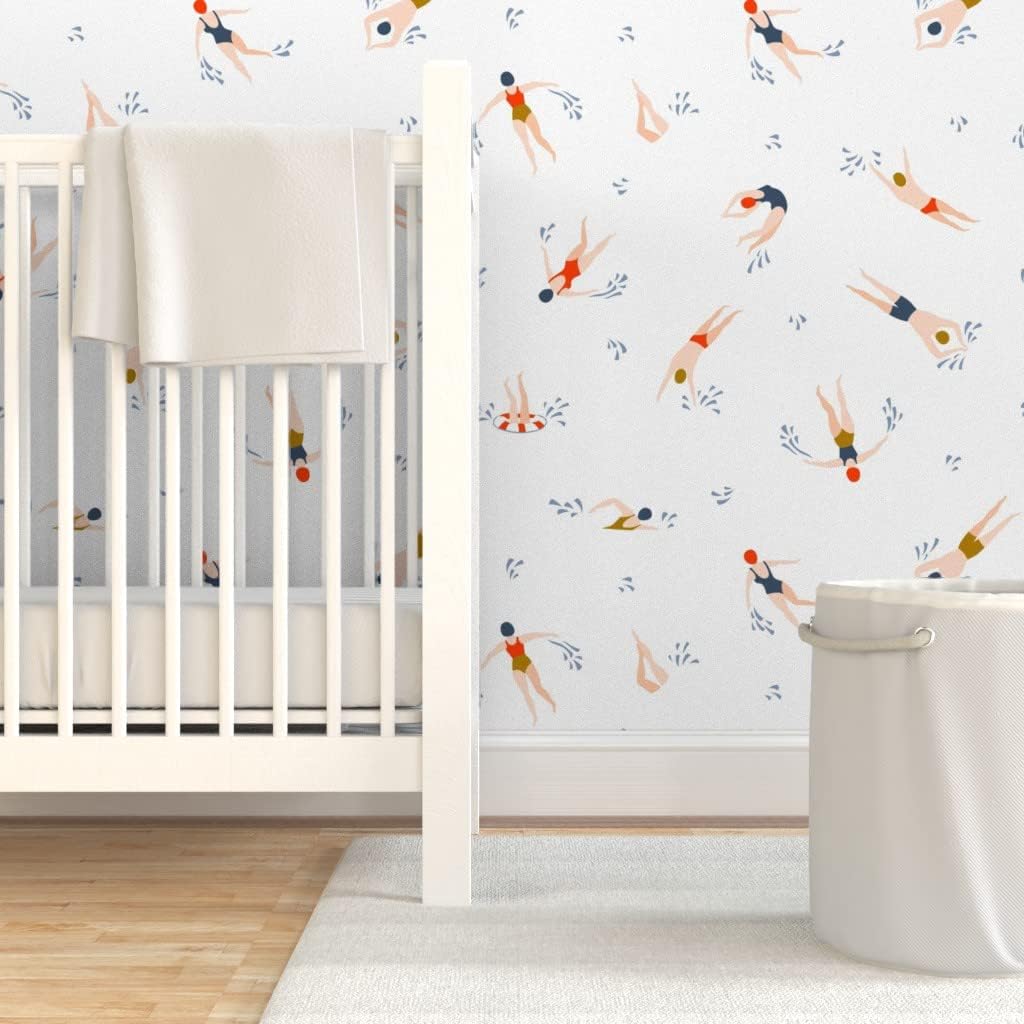 Peel & Stick Wallpaper Swatch - Cute Swimmers White Light Swimming Hand Drawn Custom Removable Wallpaper by Spoonflower