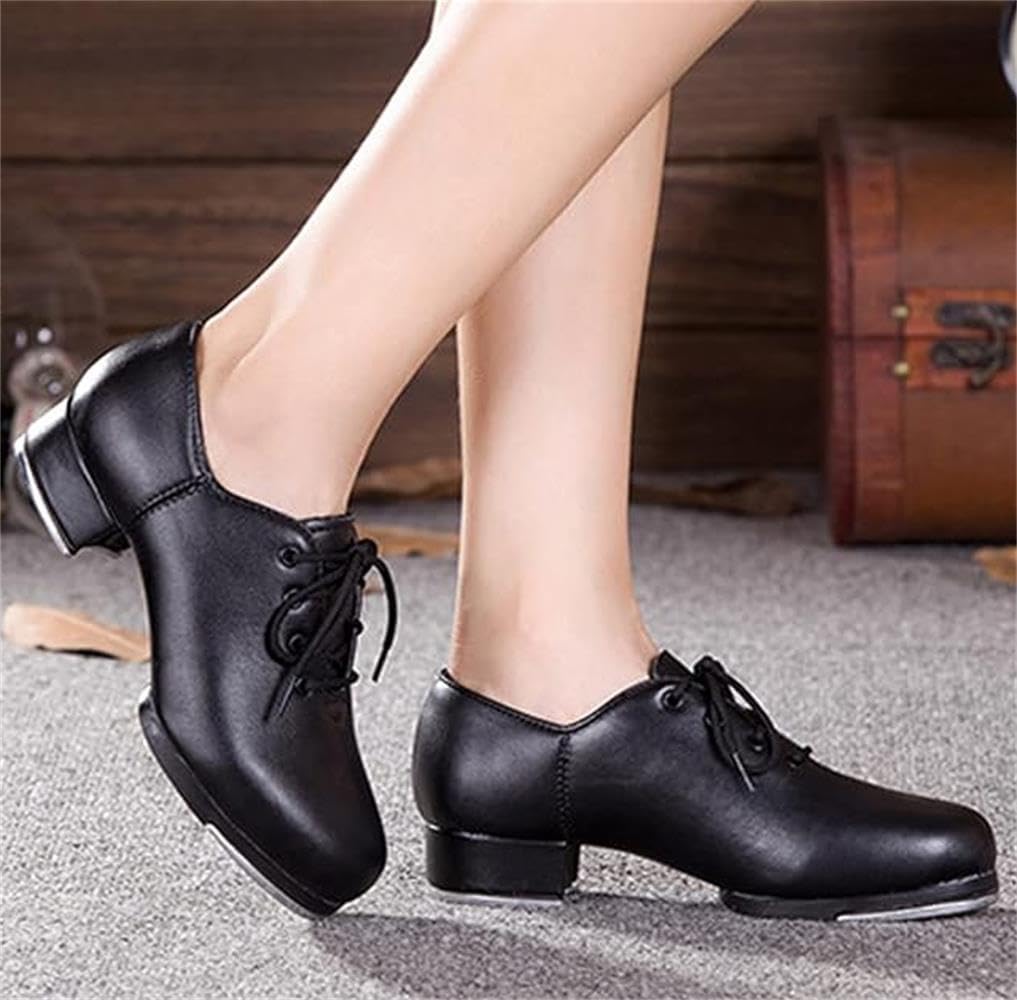 PPXID Unisex Kids Youth Boys Girls Black Tap Dance Shoes Lace-Up Heels Split Sole Jazz Dancing Shoes