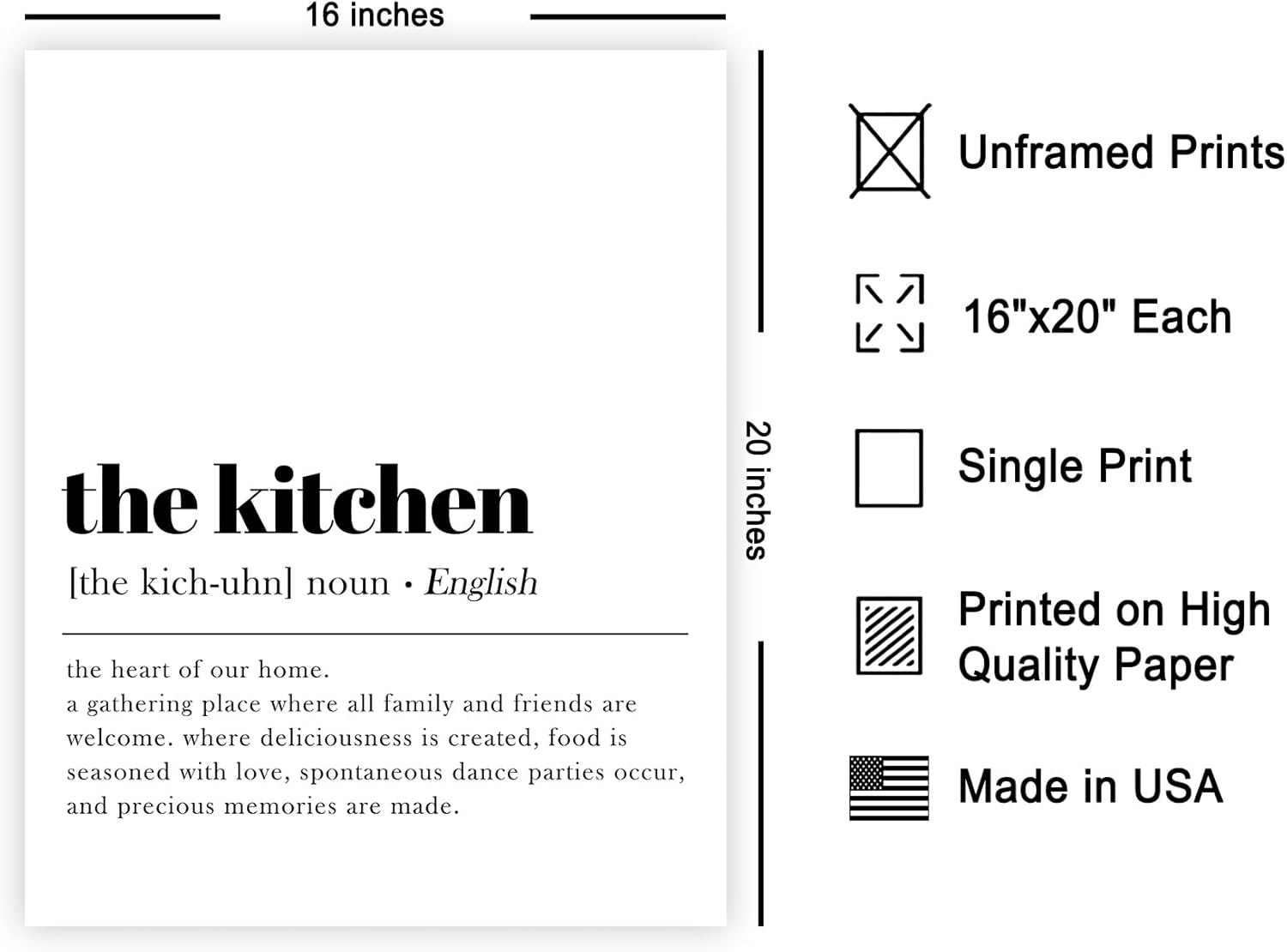 Poster Master Dictionary Art Poster - Kitchen Definition, Heart Of Home, Simple, Gathering Place - 16x20 UNFRAMED Wall Art - Gift for Family, Friend - Minimalist Print - Wall Decor for Canteen, Pantry