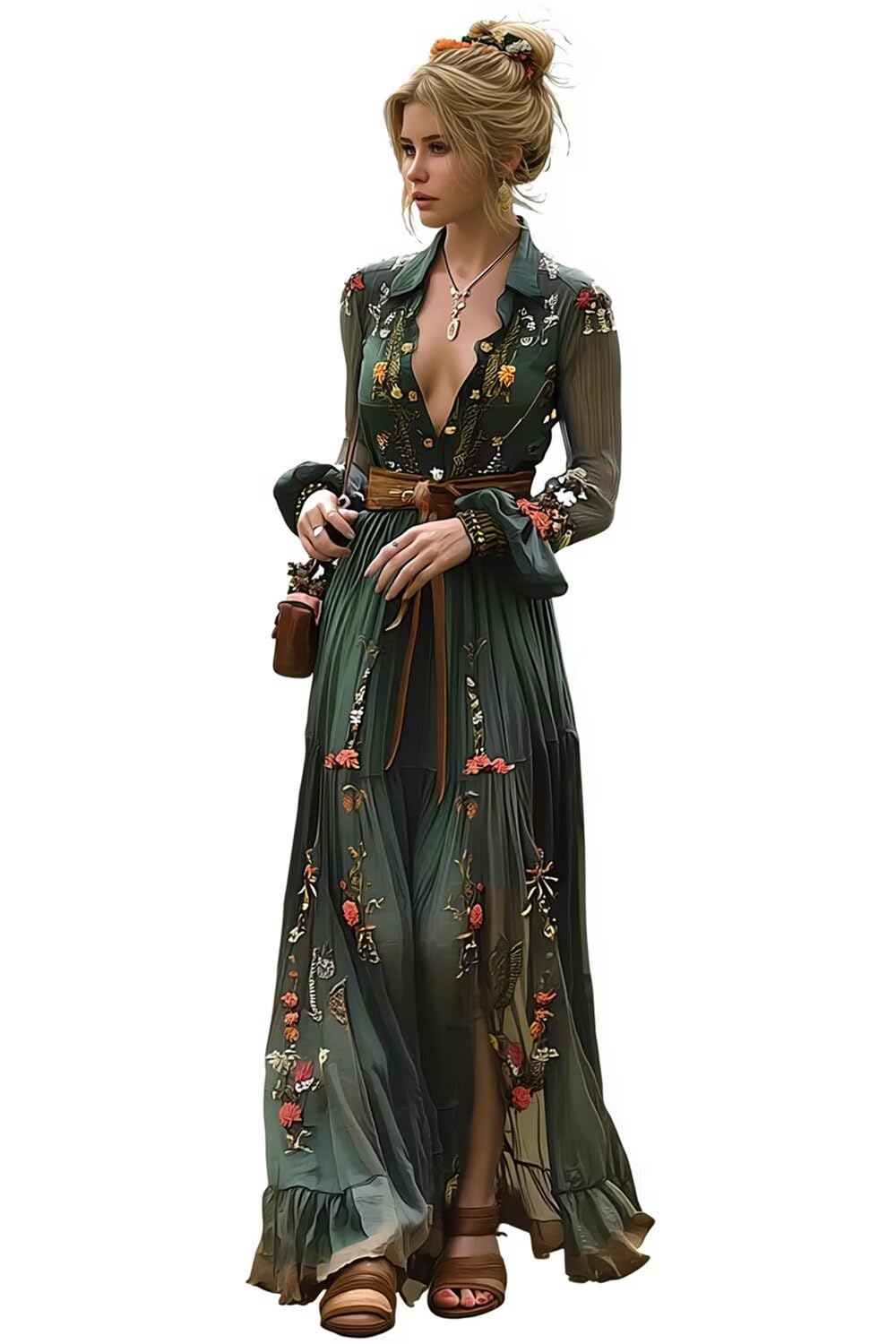 Women's Vintage Pastoral Flower Long Dress Long Sleeve Western Dress Fall Casual Maxi Dresses