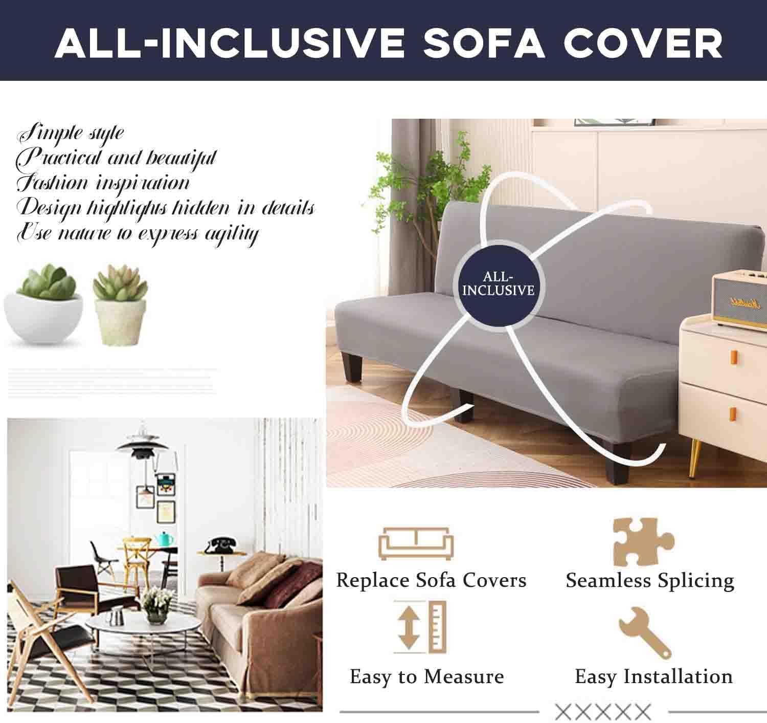 Stretch Armless Futon Cover, Sofa Slipcover Foldable Sofa Bed Cover Furniture Protector with Elastic Bottom for Kids, Pet, Solid Color, Washable (Red, Large(75"-89"))