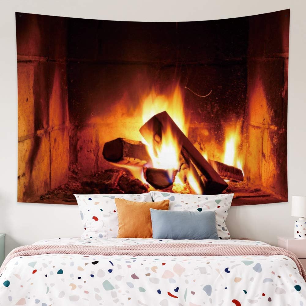 Haoyiyi 39.4x27.6 Inches Burning Fire Tapestry Christmas Wood Fireplace Bright Brick Wall Hanging Vintage Merry Elements Festival Celebrate Wall Tapestry for Living Room Decor - Image 4