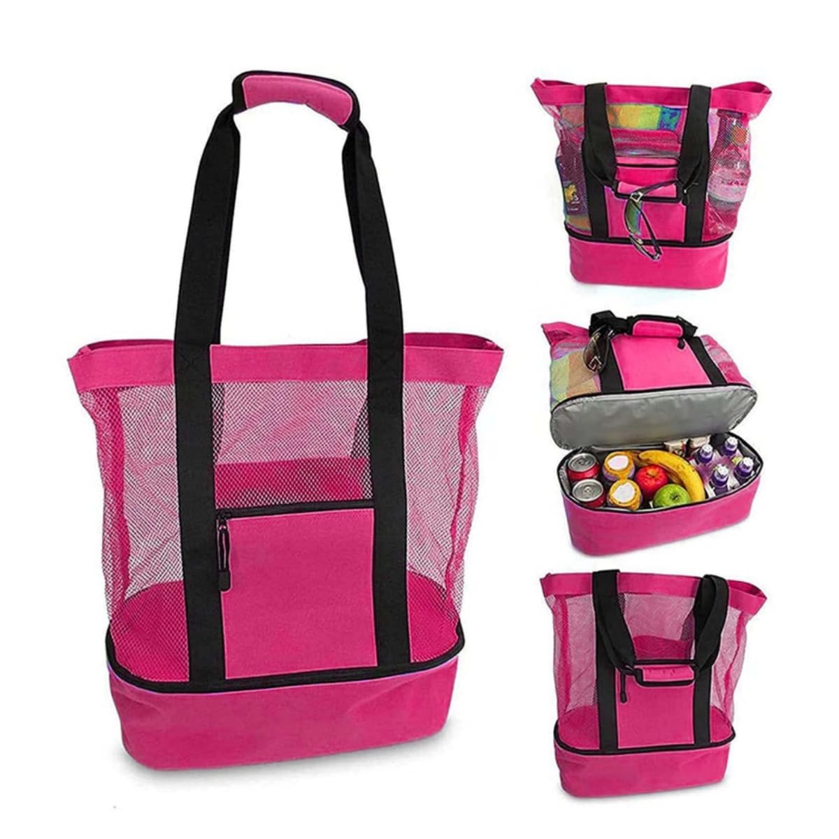 Beach Tote Bag with Detachable Cooler, Mesh Picnic Bag with Zipper for Women Men Dry and Wet Separation Insulation Pack - Image 3